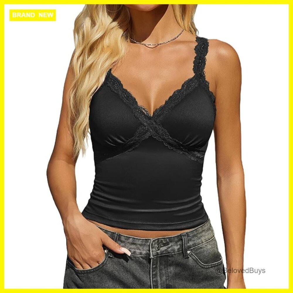 Lace Plunge V-Neck Crop Tank Top, Polyester Spandex, Sleeveless Summer Cami